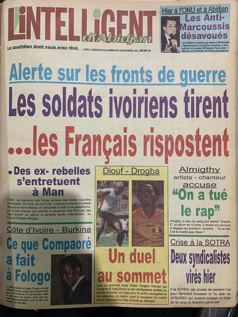‘’Alerte sur les fronts de guerre /Les soldats ivoiriens tirent …les Français ripostent’’, tel était, il y a 20 ans, le grand titre