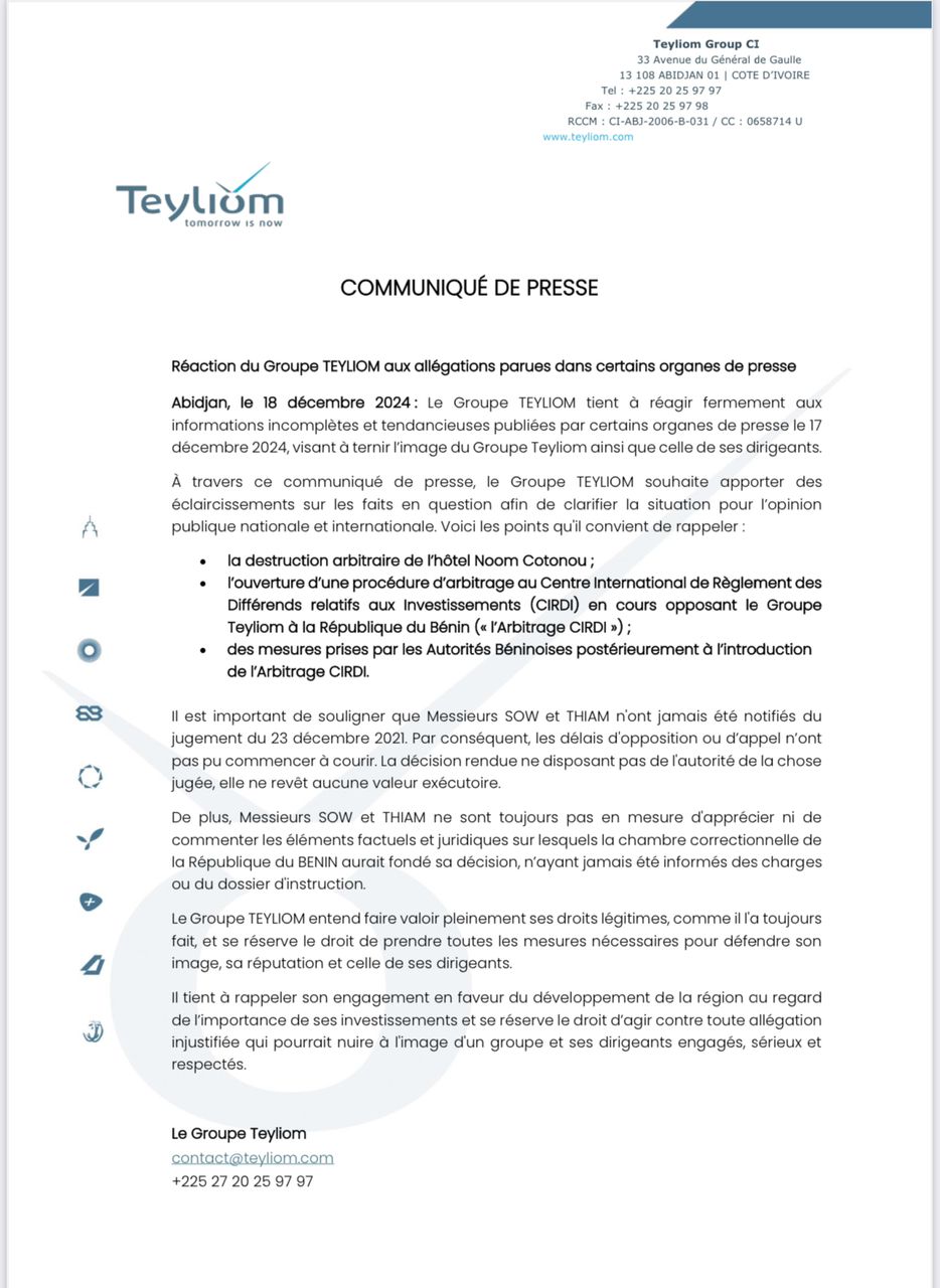 Dans un communiqué de presse daté du 18 décembre 2024, depuis Abidjan, le Groupe Teyliom a réagi ce jour à des informations qu’il qualifie